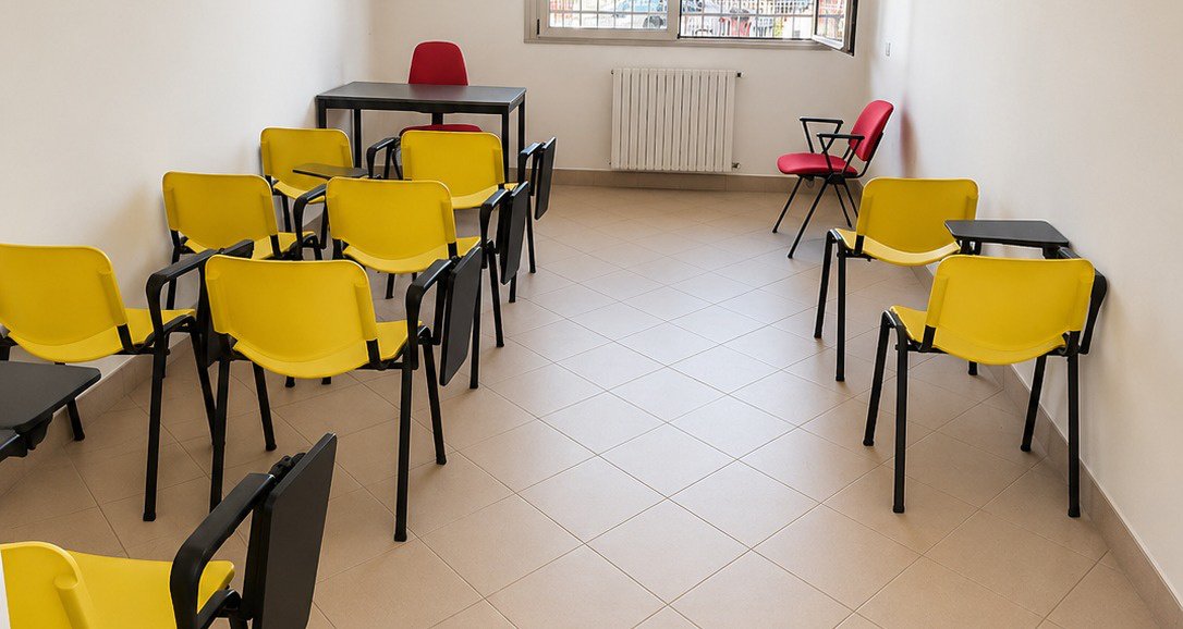 Aula didattica con monitor e postazioni